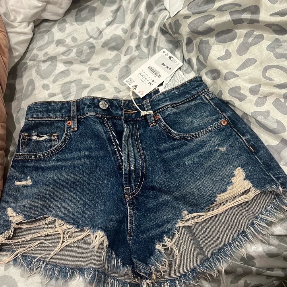 Zara Blue Jean Shorts with Distressed Frayed Hem